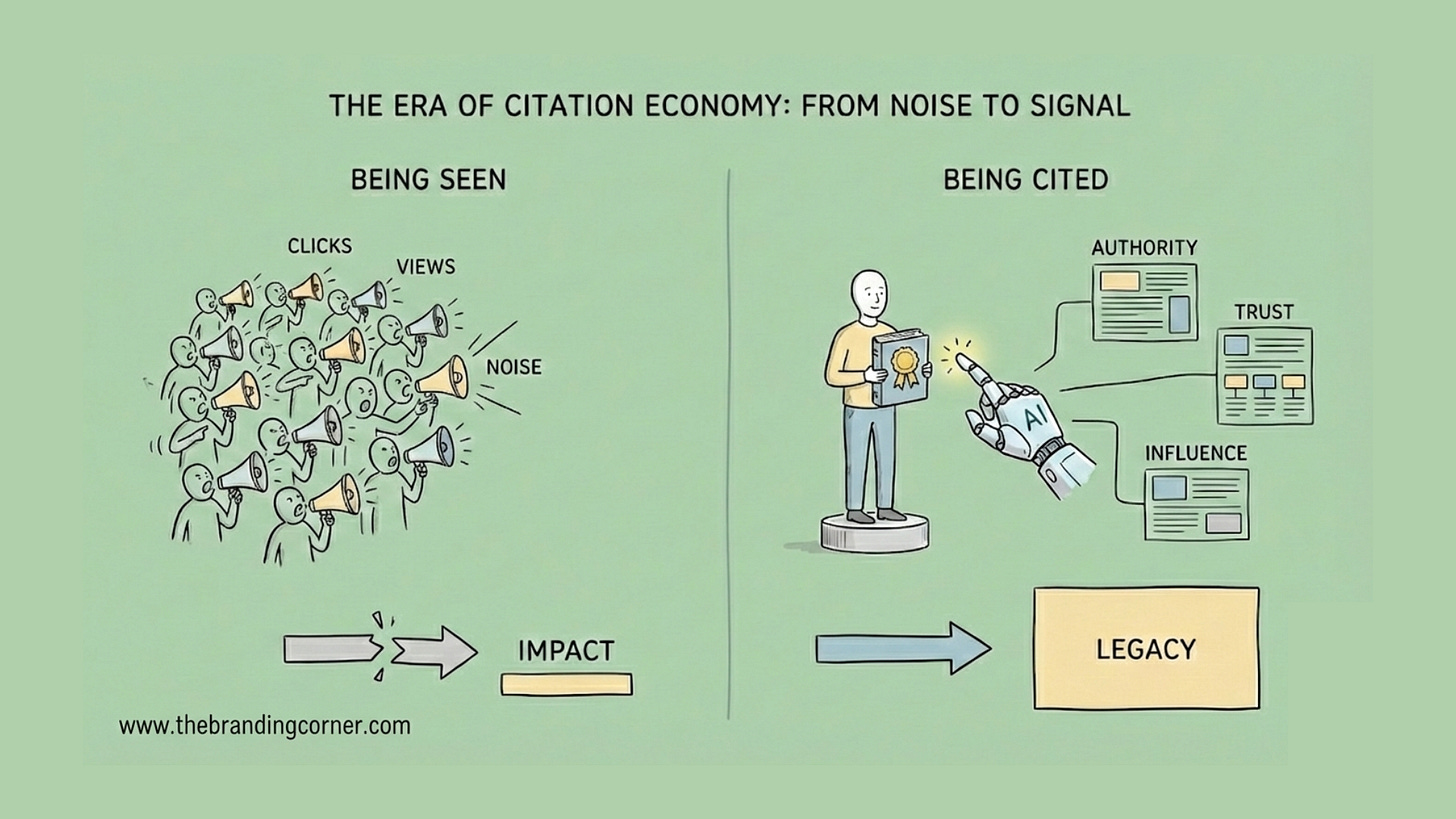 A visual summary of the article's core thesis: The strategic shift from 'Being Seen' (chasing vanity metrics like clicks and views that result in low-impact noise) to 'Being Cited' (cultivating authority and trust to become a primary reference for AI and experts, building a long-term brand legacy in 2026).