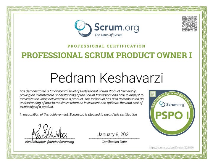 Pedram Keshavarzi's Professional Agile, Scrum, Kanban, Product Management Certificates