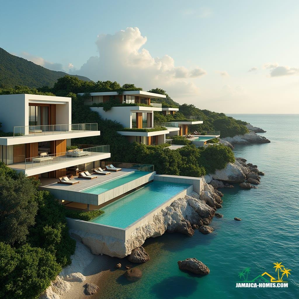 Modern development schemes in Jamaica near the coast and beaches feature sleek glass architecture, incorporating unique swimming pools both at ground level and on rooftops. These designs not only offer stunning views of the Caribbean Sea but also blend contemporary style with the tropical landscape, creating luxurious spaces that feel open and light.