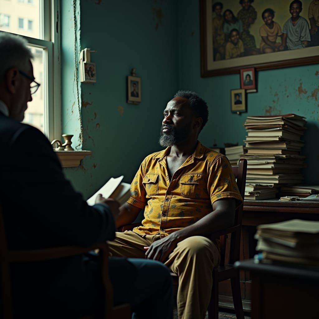 A Jamaican tenant, dressed in worn but vibrant clothing, sits in a dimly lit, cluttered tenement office, surrounded by stacks of dusty files and faded family photos, seeking solace and guidance from a wise, aged lawyer, amidst the looming threat of eviction, cinematic film still, reminiscent of the works of Roger Deakins,