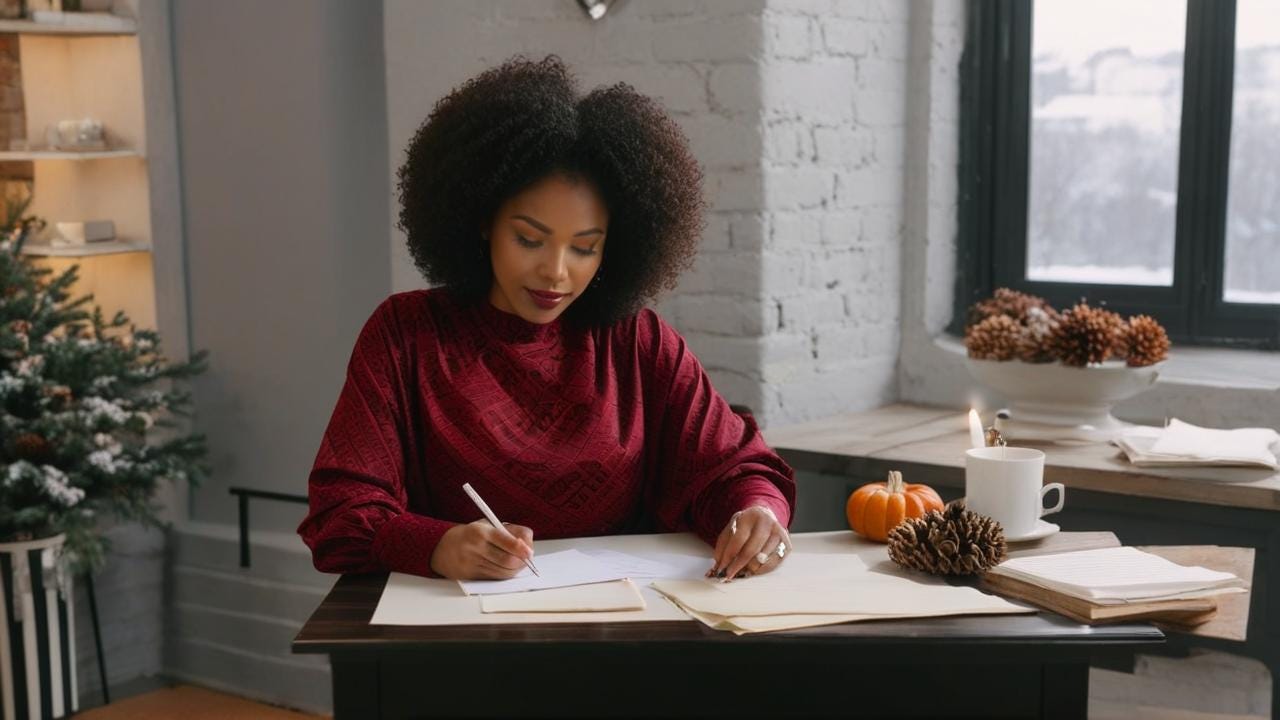 African American woman with pretty deep red design autumn blouse on  sitting in an urban  room at a table while writing a letter with a Winter view