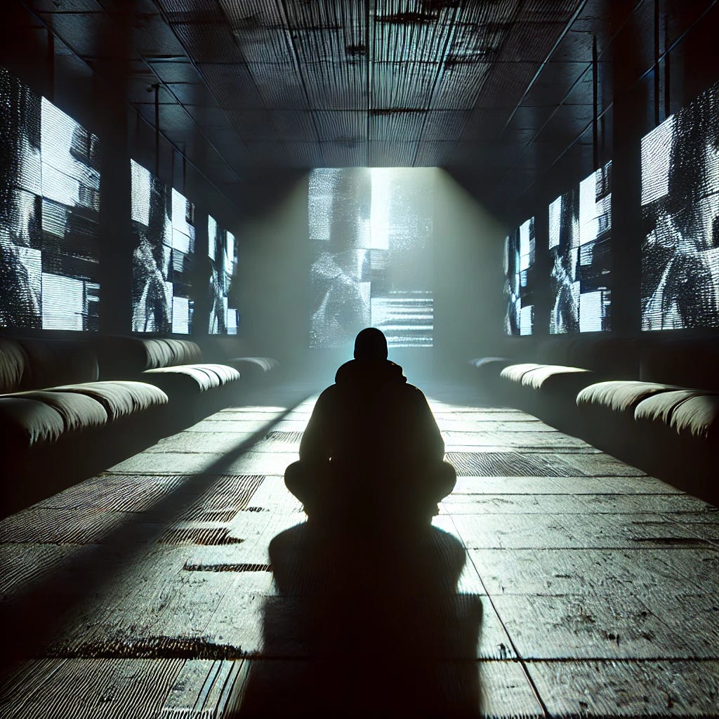 Create a more subdued dystopian scene focusing on the themes of boredom and Pascalian entertainment. The atmosphere should be minimalistic and somber, with a character sitting in a shadowy, isolated environment. The character is partially obscured by darkness, blending into the surroundings. There are only a few dimly lit screens in the background, showing abstract patterns or static. The environment is stark and empty, evoking a sense of loneliness and introspection. The overall mood should be quiet, with a focus on the emptiness and shadow that envelops the character.