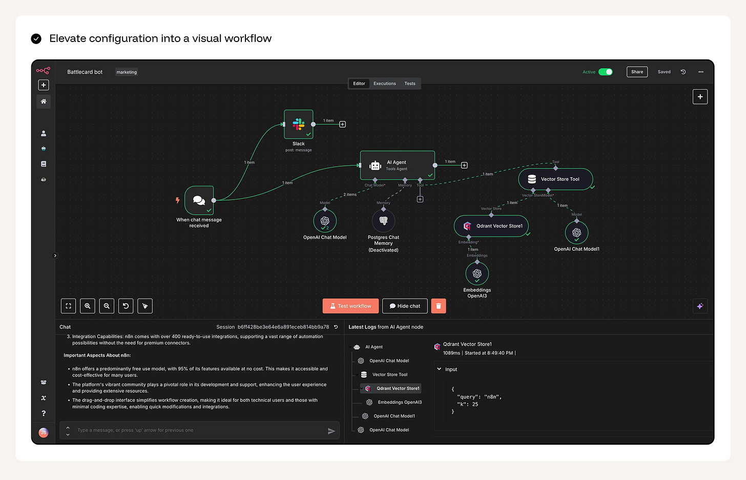 Visual workflow builder showing an AI agent connected to chat triggers, tools, and vector stores.