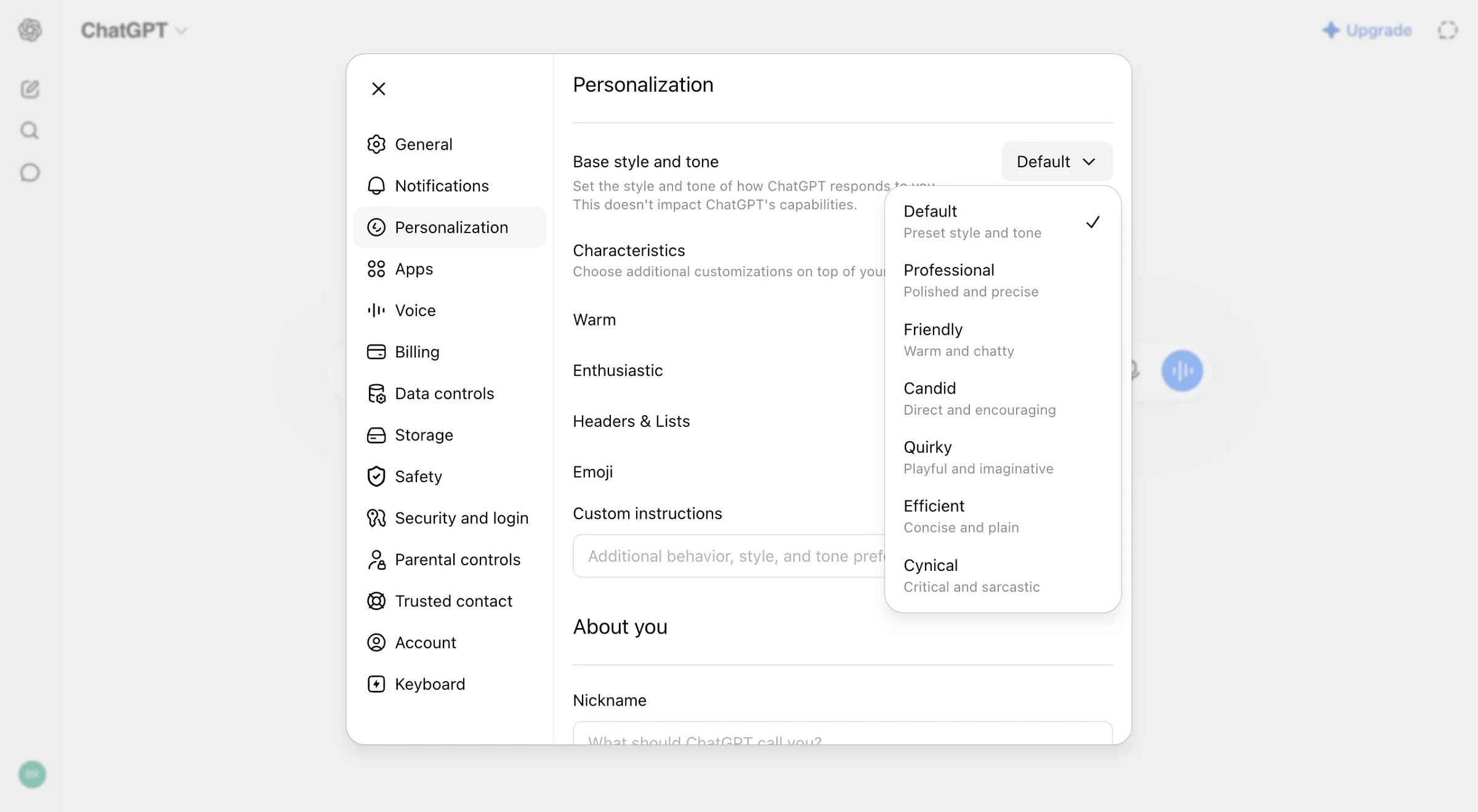 ChatGPT style and tone presets in personalization settings