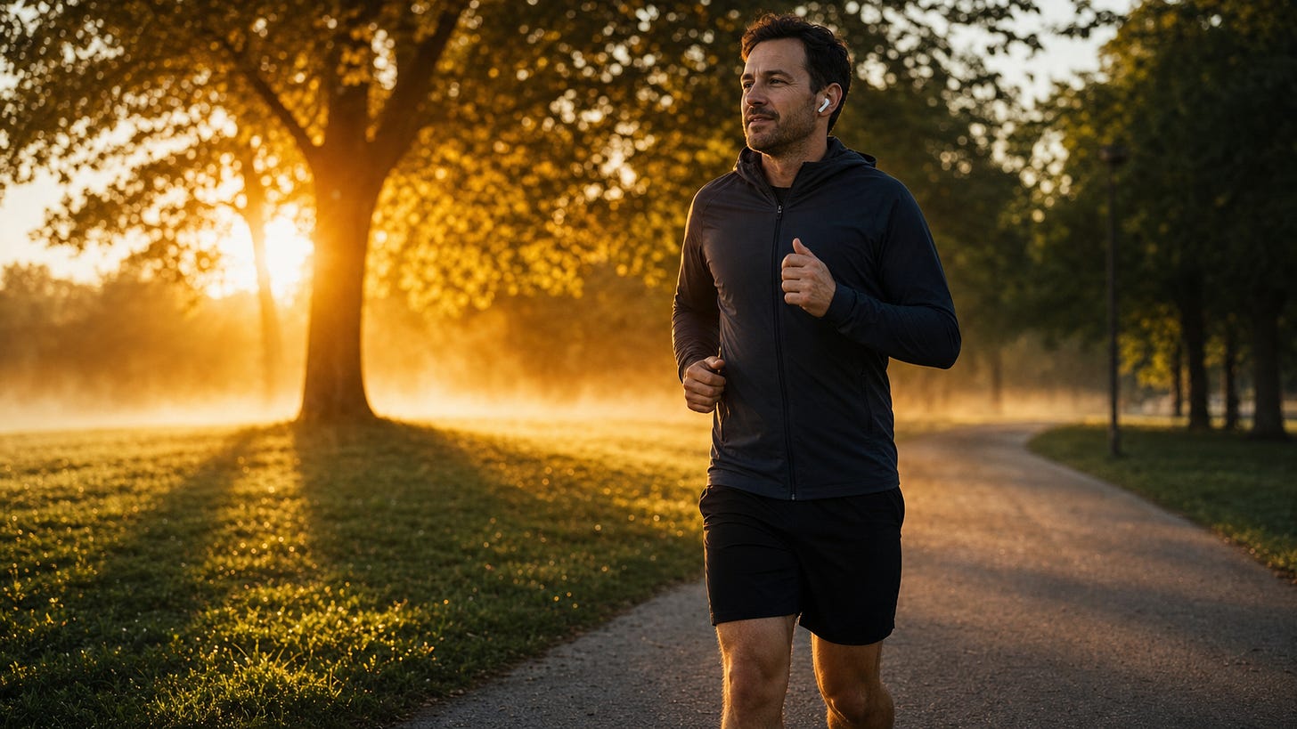Dad jogging in the early morning as part of his self-care routine for burnout prevention Dad jogging in the early morning as part of his self-care routine for burnout prevention