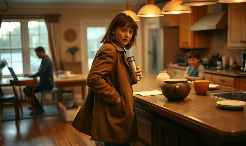A warm, candid interior photo of a lived‑in family kitchen at early evening. Elena is mid‑motion at the island—half‑buttoned coat, dirt on the hem of her shoes visible at the edge of frame, steaming thermos in one hand, the other hand caught moving toward a phone bowl. Natural, unposed expression; not looking at camera. In the soft, blurred background: husband at the island with an open laptop, two children at the table mid‑laugh, mismatched plates, a smudge on the countertop, scattered school papers. Handheld, slightly tilted composition with gentle motion blur on Elena's moving hand. Soft window backlight mixed with warm interior tungsten; subtle lens flare through the window. Kodak Portra film grade — warm, slightly desaturated colors, subtle grain, gentle highlight roll‑off. Shallow depth of field (f/2.8), 35mm focal length, cinematic 16:9 horizontal crop. Emphasize tactile details and authenticity; avoid staged poses or obvious props; mood: intimate, lived‑in, quietly reclaimed presence A warm, candid interior photo of a lived‑in family kitchen at early evening. Elena is mid‑motion at the island—half‑buttoned coat, dirt on the hem of her shoes visible at the edge of frame, steaming thermos in one hand, the other hand caught moving toward a phone bowl. Natural, unposed expression; not looking at camera. In the soft, blurred background: husband at the island with an open laptop, two children at the table mid‑laugh, mismatched plates, a smudge on the countertop, scattered school papers. Handheld, slightly tilted composition with gentle motion blur on Elena's moving hand. Soft window backlight mixed with warm interior tungsten; subtle lens flare through the window. Kodak Portra film grade — warm, slightly desaturated colors, subtle grain, gentle highlight roll‑off. Shallow depth of field (f/2.8), 35mm focal length, cinematic 16:9 horizontal crop. Emphasize tactile details and authenticity; avoid staged poses or obvious props; mood: intimate, lived‑in, quietly reclaimed presence