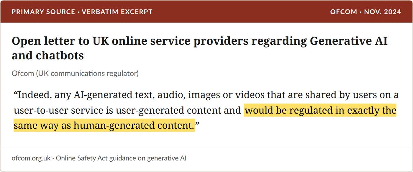 Ofcom's open letter on generative AI and chatbots. Highlight added.