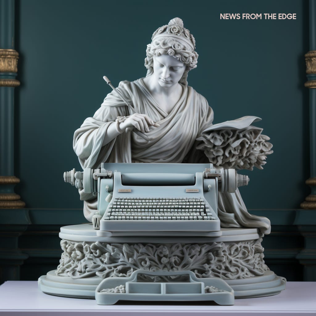 marble statue with a typewriter