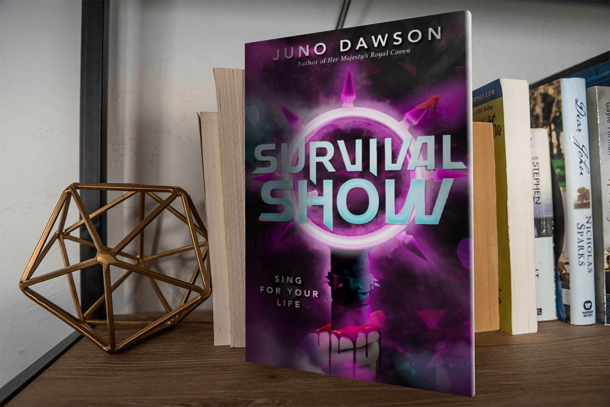 Book "Survival Show" by Juno Dawson on a book shelf next to other books