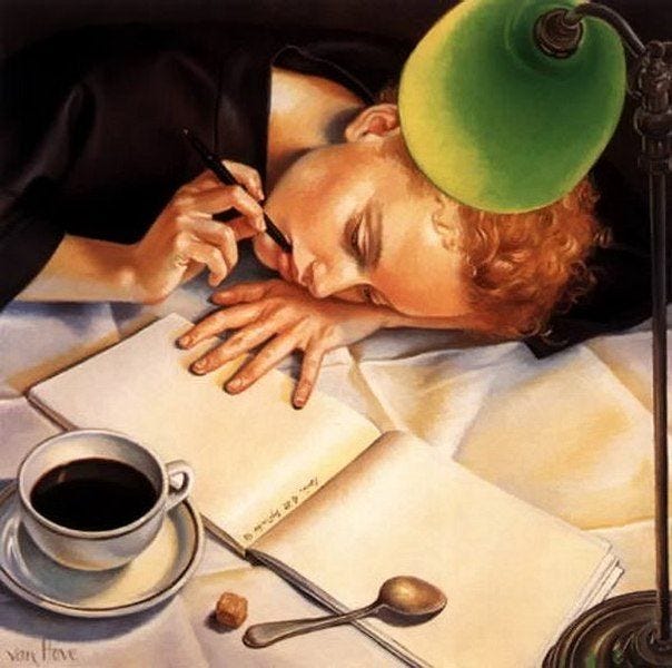 This may contain: a painting of a man sleeping on top of a bed next to a cup of coffee