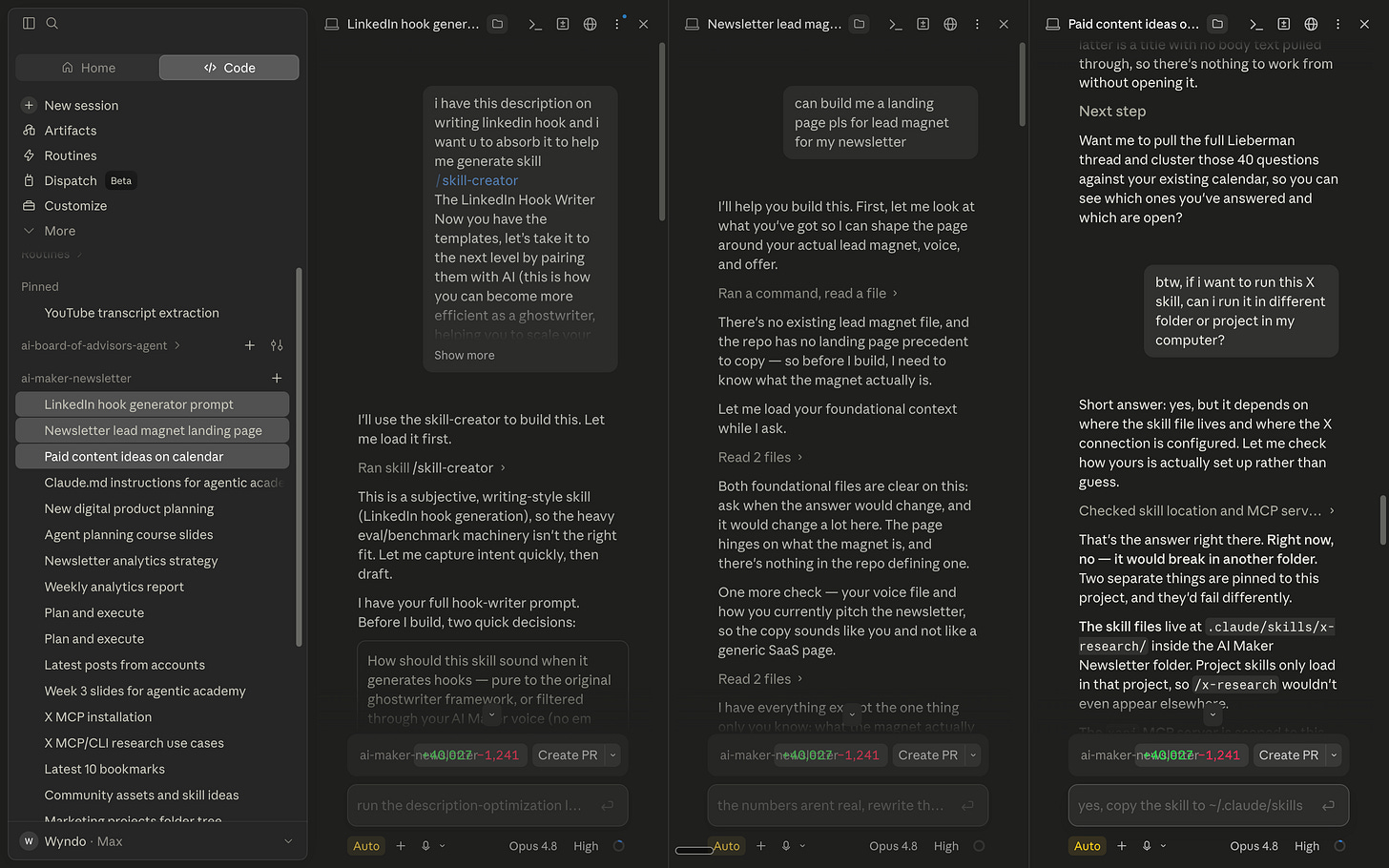 Claude Code app multi-pane view showing three parallel sessions for newsletter and content planning