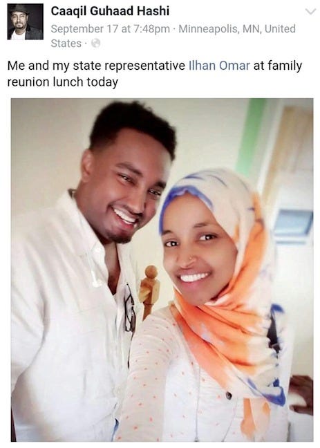 May be an image of 3 people, beard, people smiling and text that says 'Caaqil Guhaad Hashi September 17 at 7：48pm Minneapolis, MN, United States Me and my state representative Ilhan Omar at family reunion lunch today'