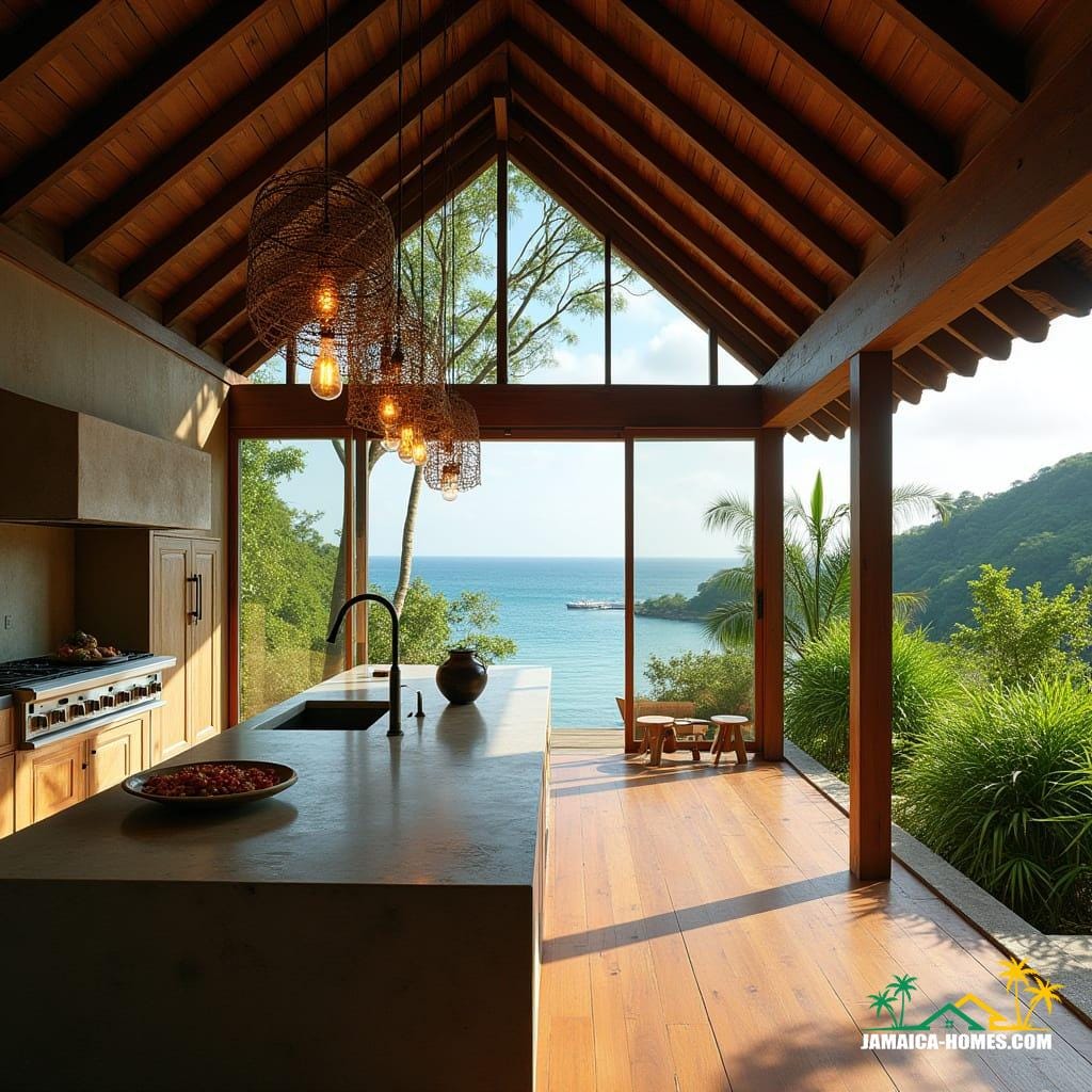 An ultra-luxurious outdoor kitchen, crafted from rich teak and mahogany, seamlessly integrated into a multimillion-pound off-the-grid wooden estate, nestled in the lush green mountains of Jamaica