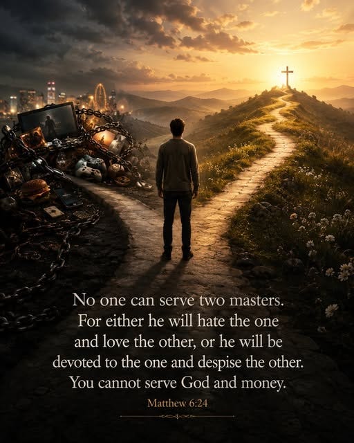 May be an image of text that says 'No one can serve two masters. For For either he will hate the one and love the other, or he will be devoted to the one and despise the other. You You cannot serve God and money. Matthew 6:24'
