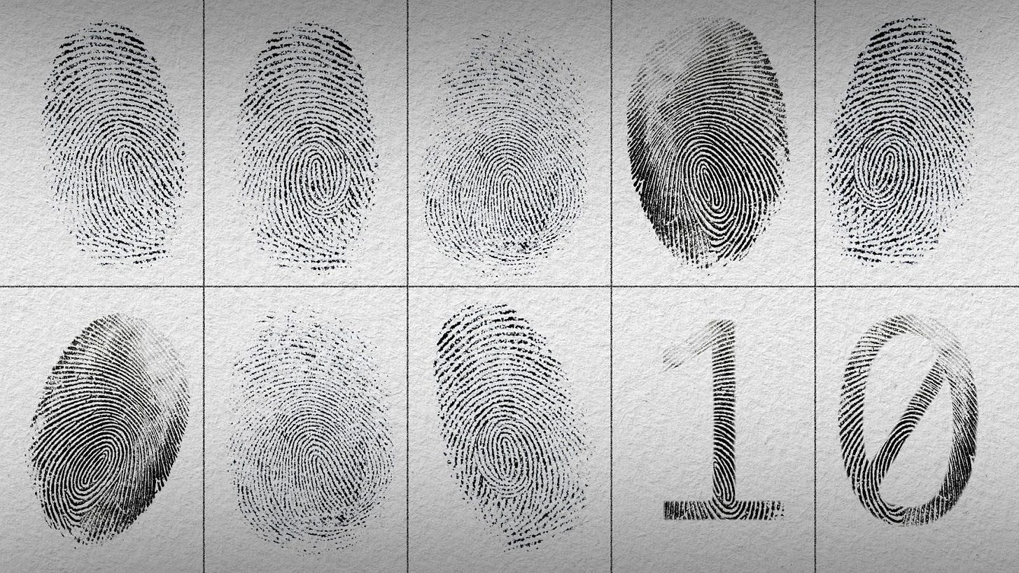 Illustration of police fingerprints with two of them as binary code