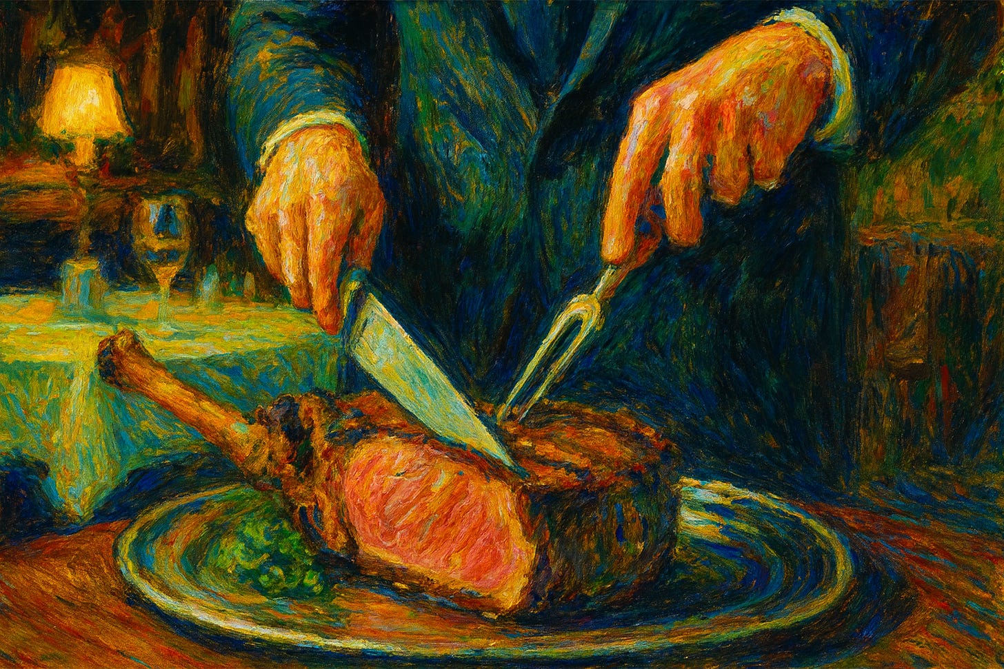 Expressionist painting of a man in a dark suit carving into a large bone-in steak on a silver platter. His hands grip a knife and carving fork, glowing in warm reds and yellows against the swirling background of deep blues, greens, and fiery oranges, creating a moody, surreal dining scene.