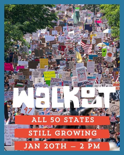 Free America Walk Out January 20 at 2 PM local time—nationwide walkout across all 50 states to defend democracy and reject authoritarian rule.