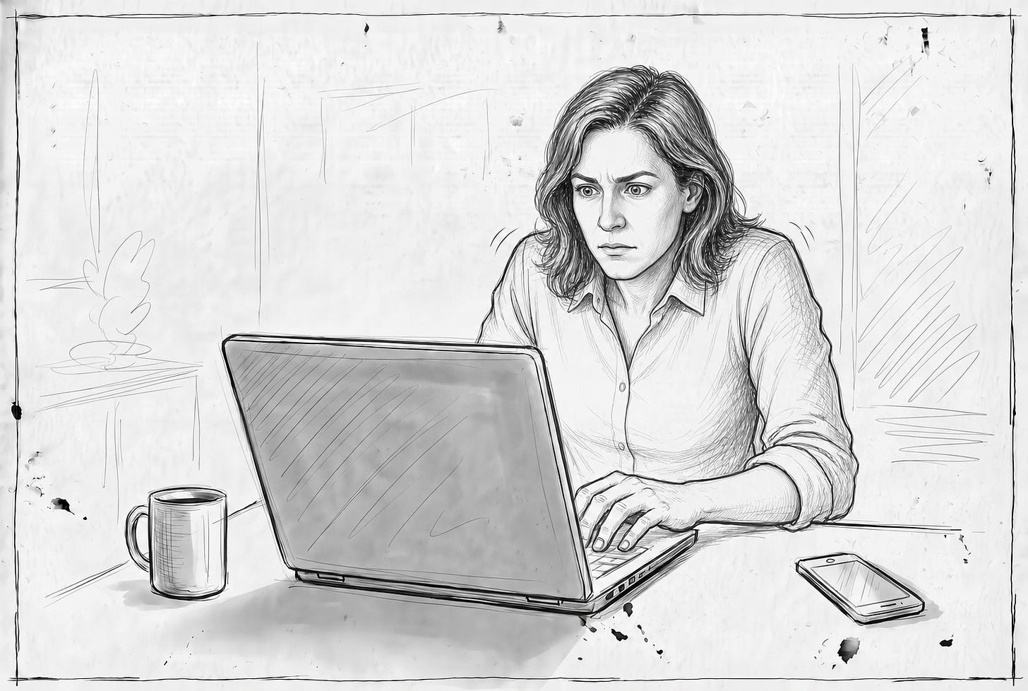 Sketch of a woman frowning at a laptop, holding her breath while replying to email Sketch of a woman frowning at a laptop, holding her breath while replying to email