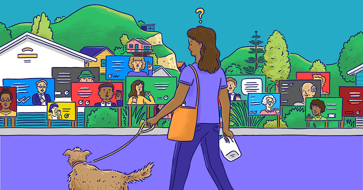 vivid illustration of a person walking their dog, looking across the street at an array of signs and billboards for candidates