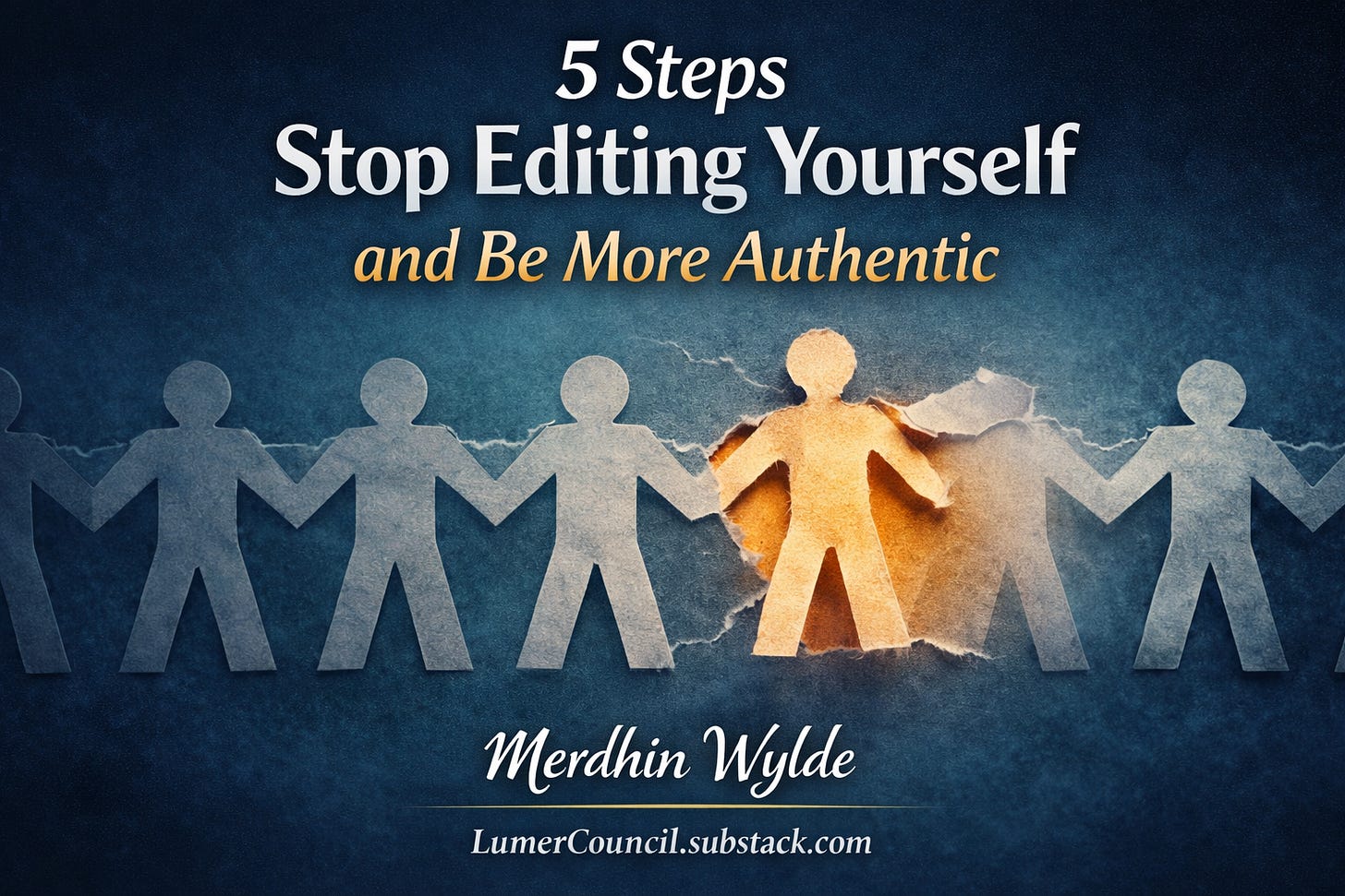 Blue-to-navy gradient thumbnail showing a row of identical paper cut-out figures, with one figure pulled forward and torn free from a faint template outline behind it, revealing a warm gold color beneath. Text reads: “5 Steps to Stop Editing Yourself and Be More Authentic,” with “Merdhin Wylde” and “LumerCouncil.substack.com” at the bottom.