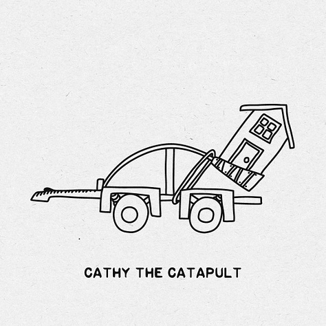 Whimsical trailer concepts each named approapriately to their design such as Ronald the Wreck, Cathy the Catapult, and Heather the Shredder.