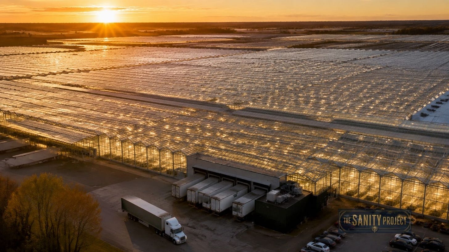Aerial view of a southern Ontario greenhouse complex with trucks loading exports, showing the Canada food imports and exports paradox. Aerial view of a southern Ontario greenhouse complex with trucks loading exports, showing the Canada food imports and exports paradox.