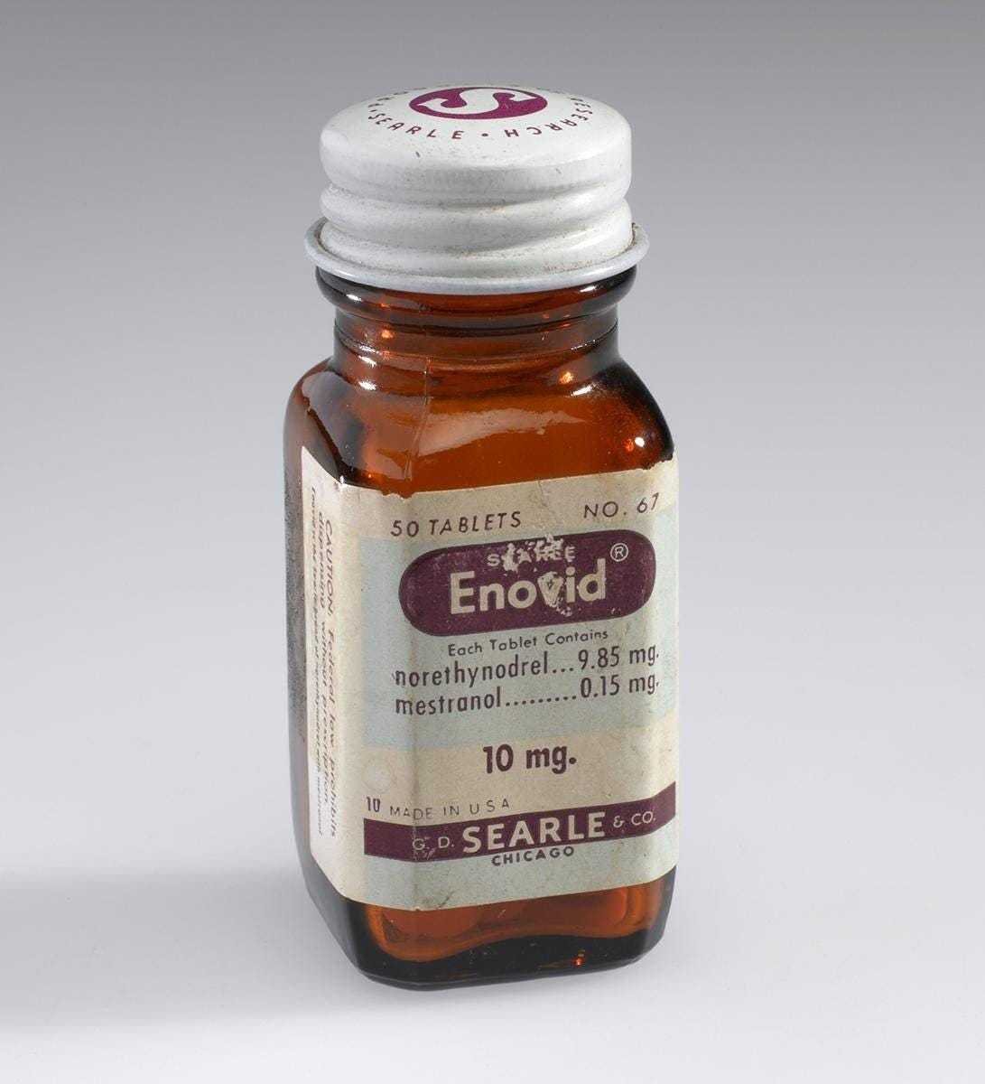 A bottle of Enovid tabs from the early 1960s. (Credit: Science Museum/SSPL/Getty Images)