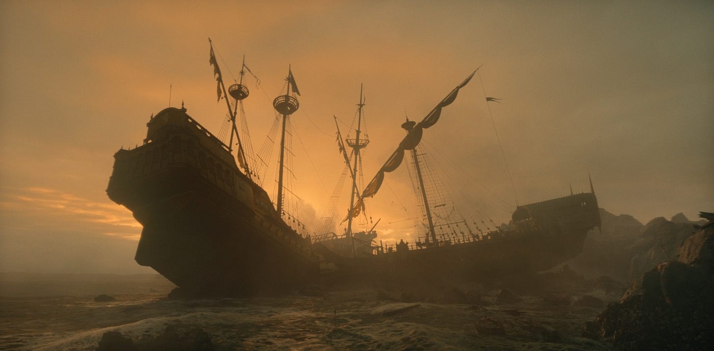 The Battle of the Gullet wreckage in House of the Dragon season 3 on HBO. The Battle of the Gullet wreckage in House of the Dragon season 3 on HBO.
