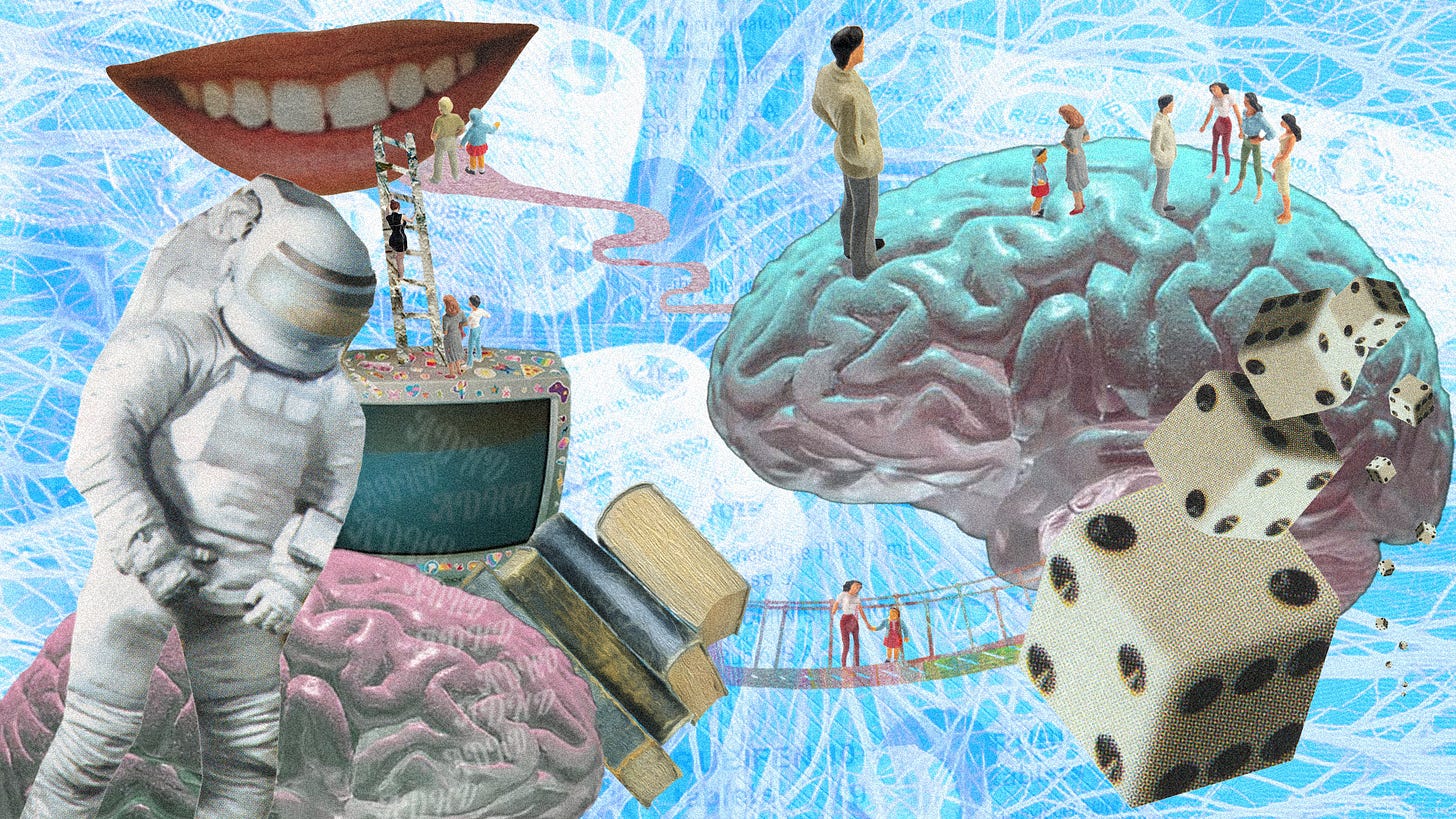 A 90s-style collage of two brains with objects including plastic human figurines, an astronaut and a mouth orbiting around it.