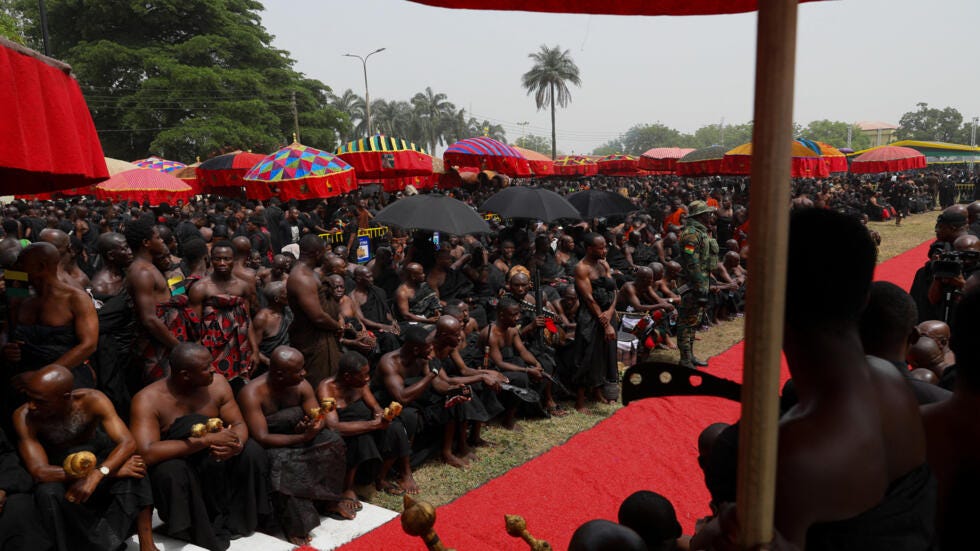 Subchiefs look on at the Manhyia Palace in Kumasi, Ghana, on 8 February 2024 during the permanent return of artefacts by the Fowler Museum of UCLA (University of California Los Angeles). Subchiefs look on at the Manhyia Palace in Kumasi, Ghana, on 8 February 2024 during the permanent return of artefacts by the Fowler Museum of UCLA (University of California Los Angeles).