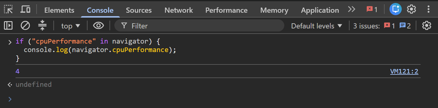Inspecting navigator.cpuPerformance in the Chrome DevTools Console