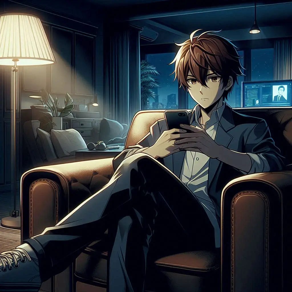 A young man with brown hair sitting in a dark apartment in a nice leather chair watching his tv while scrolling his phone. Anime art style dark.