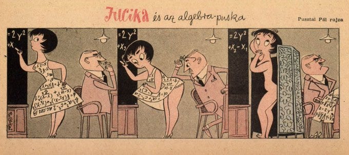 Jucika solves an equation at the blackboard while secretly using her dress, which is covered in algebra notes, to cheat. The professor catches her. In the final panel, Jucika continues the test behind a privacy screen, now nude, while the professor sits holding her confiscated dress. Jucika solves an equation at the blackboard while secretly using her dress, which is covered in algebra notes, to cheat. The professor catches her. In the final panel, Jucika continues the test behind a privacy screen, now nude, while the professor sits holding her confiscated dress.