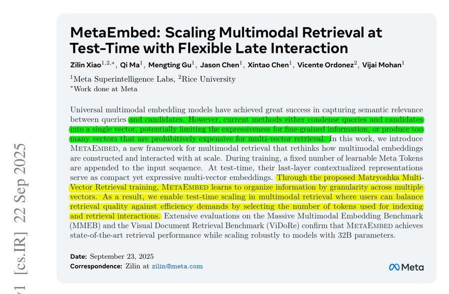 A white background with black text reading "MetaEmbed: Scaling Multimodal Retrieval at Test-Time with Flexible Late Interaction" and smaller text mentioning Zilin Zia, Qilong Meng, Gu, Jason Chen, Xintao Chen, Vicente Ordonez, Vijai Mohan. A Meta logo is present in the bottom right corner.