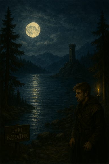 A dark fantasy landscape of Lake Baratok under moonlight, with Khazan’s tower rising in the distance. The lake is still and glassy, reflecting the pale full moon and drifting mist. Jagged pines frame the shoreline, their silhouettes sharp against the sky. Khazan’s ruined tower stands on a rocky outcrop above the water—its broken upper levels outlined in silver light, arcane runes faintly glowing along the stones. Wisps of fog curl around the tower’s base, and a single raven circles overhead. The atmosphere is eerie, quiet, and enchanted.