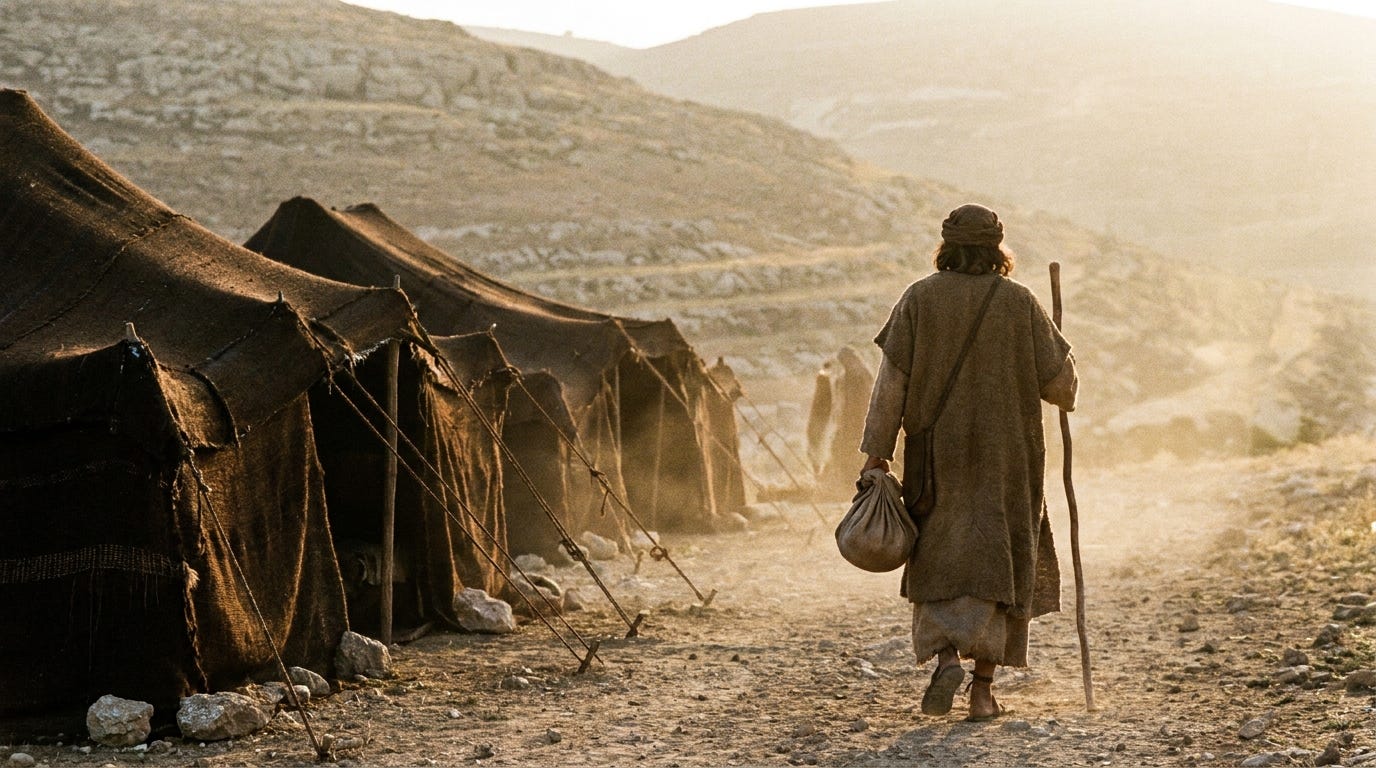 A young man with a walking staff and a small bundle leaving a goat-hair tent camp at first light on a dusty road heading north, his face turned away, no text A young man with a walking staff and a small bundle leaving a goat-hair tent camp at first light on a dusty road heading north, his face turned away, no text
