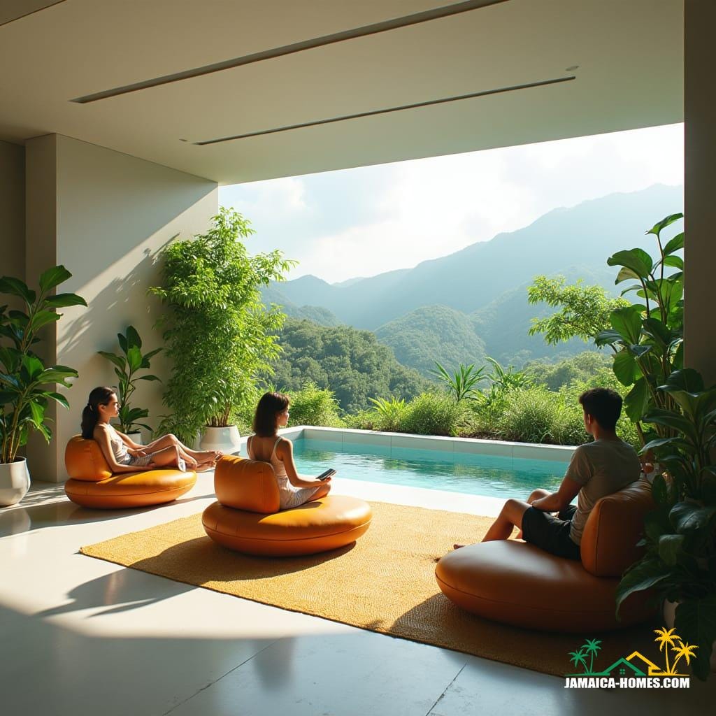 Futuristic co-living space in New Kingston, Jamaica, designed for young professionals. 