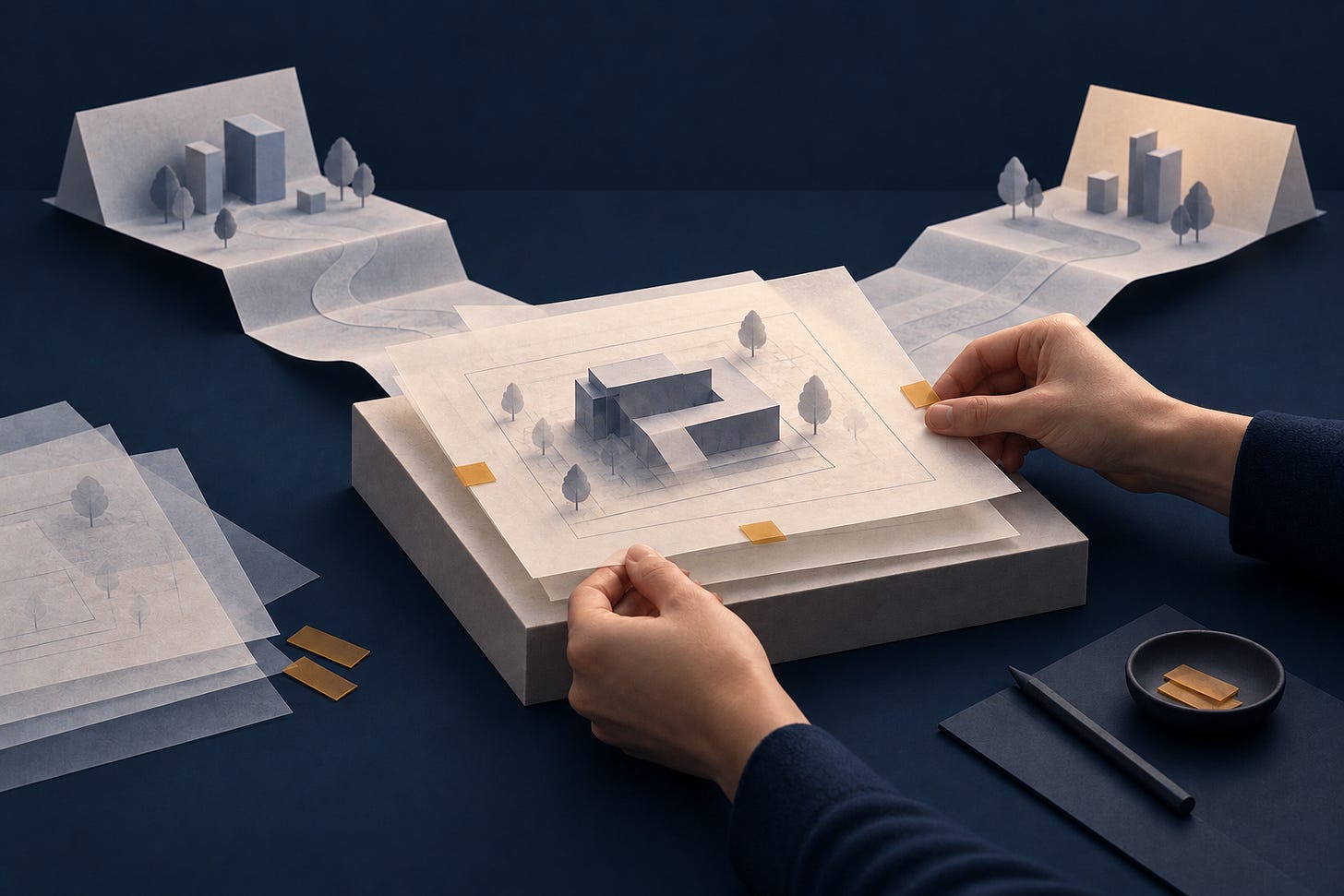 Conceptual illustration of layered planning sheets being checked against a solid starting point.
