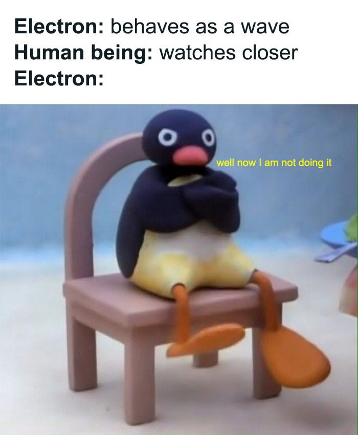Funny meme about physics with a penguin cartoon showing reluctance, humorously illustrating electron behavior. Funny meme about physics with a penguin cartoon showing reluctance, humorously illustrating electron behavior.