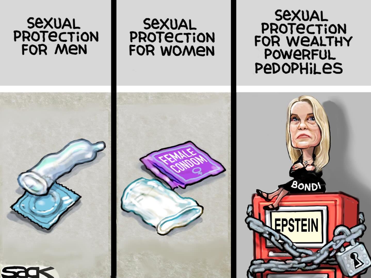 May be an image of text that says 'SEXUAL PROTECTION FOR MeN SEXUAL PROTECTION FOR WOMEN SEXUAL PROTECTION FOR WEALTHY POWERFUL PEDOPHiLeS FEMALE E CUNDOM Q BONDI LEPSTEIN EPSTEIN sacK STEVESACK.SUBSTACK.COM B'