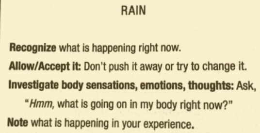 Recognize/Relax into what is arising (e.g your craving) Accept/Allow it to be there. Investigate bodily sensations, emotions & thoughts Note what is happening from moment to moment