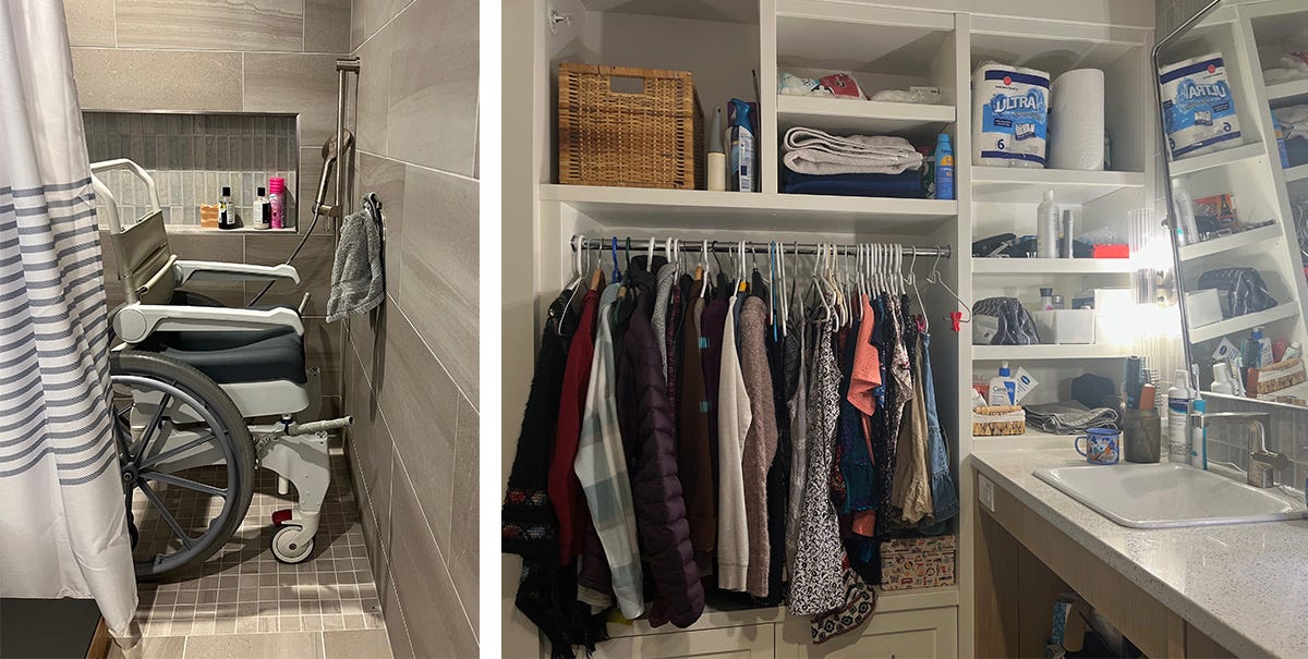 Left: Roll-in shower with commode in it. A shower nook shelf holds shampoo and other toiletries and the shower controls are low and within reach of the chair. Right: View of the end wall of the bathroom with lots of shelving, a lowered clothing bar full of clothes and drawers beneath.
