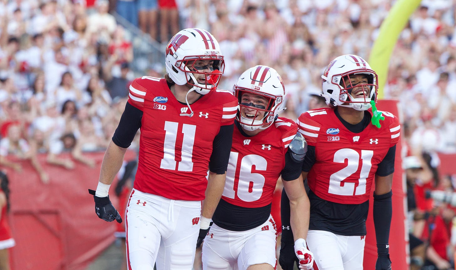 Wisconsin Badgers players celebrate with Carson Van Dinter after his blocked punt and touchdown against Western Illinois. Wisconsin Badgers players celebrate with Carson Van Dinter after his blocked punt and touchdown against Western Illinois.