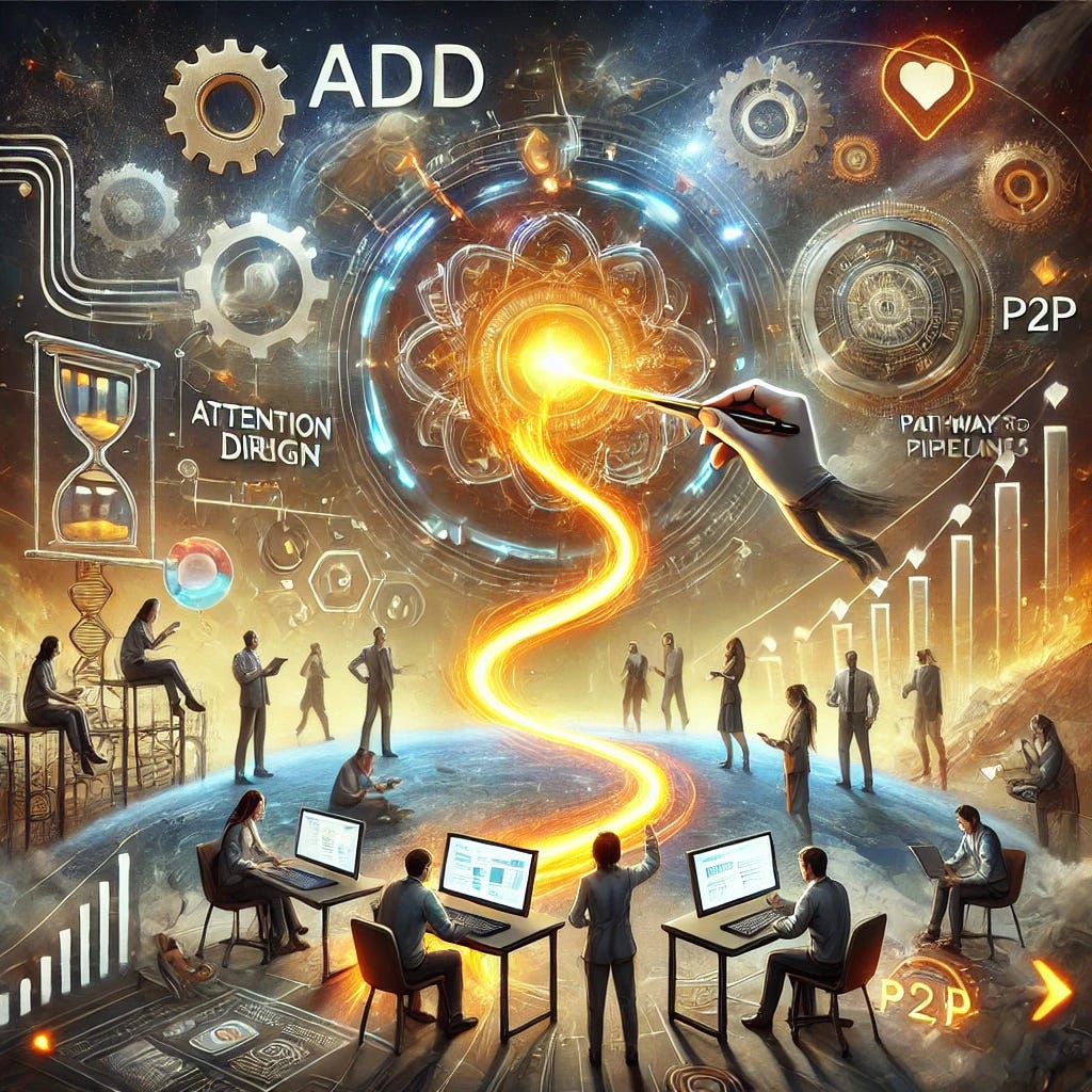 A visually engaging conceptual illustration of Attention-Driven Design (ADD) and Pathways to Pipelines (P2P) in project management. The image should feature a dynamic team collaborating, surrounded by digital tools, flowcharts, and storytelling elements. A central glowing thread connects the team members, symbolizing engagement and creativity. The background includes a blend of futuristic technology and traditional project management structures, showcasing the transition from rigid frameworks to adaptive, narrative-driven workflows.