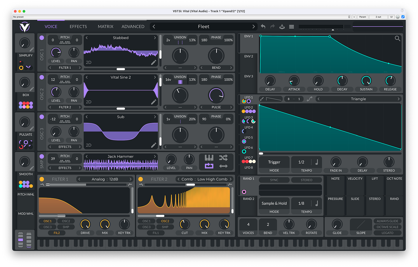 Screenshot of Vitals User interface displaying wavforms and filterse envelopes and shapes
