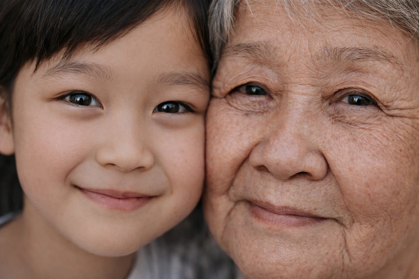 Close-up of a smiling child and elderly woman cheek to cheek. They are the same person, and this picture is meant to show longevity and healthy ageing. Close-up of a smiling child and elderly woman cheek to cheek. They are the same person, and this picture is meant to show longevity and healthy ageing.