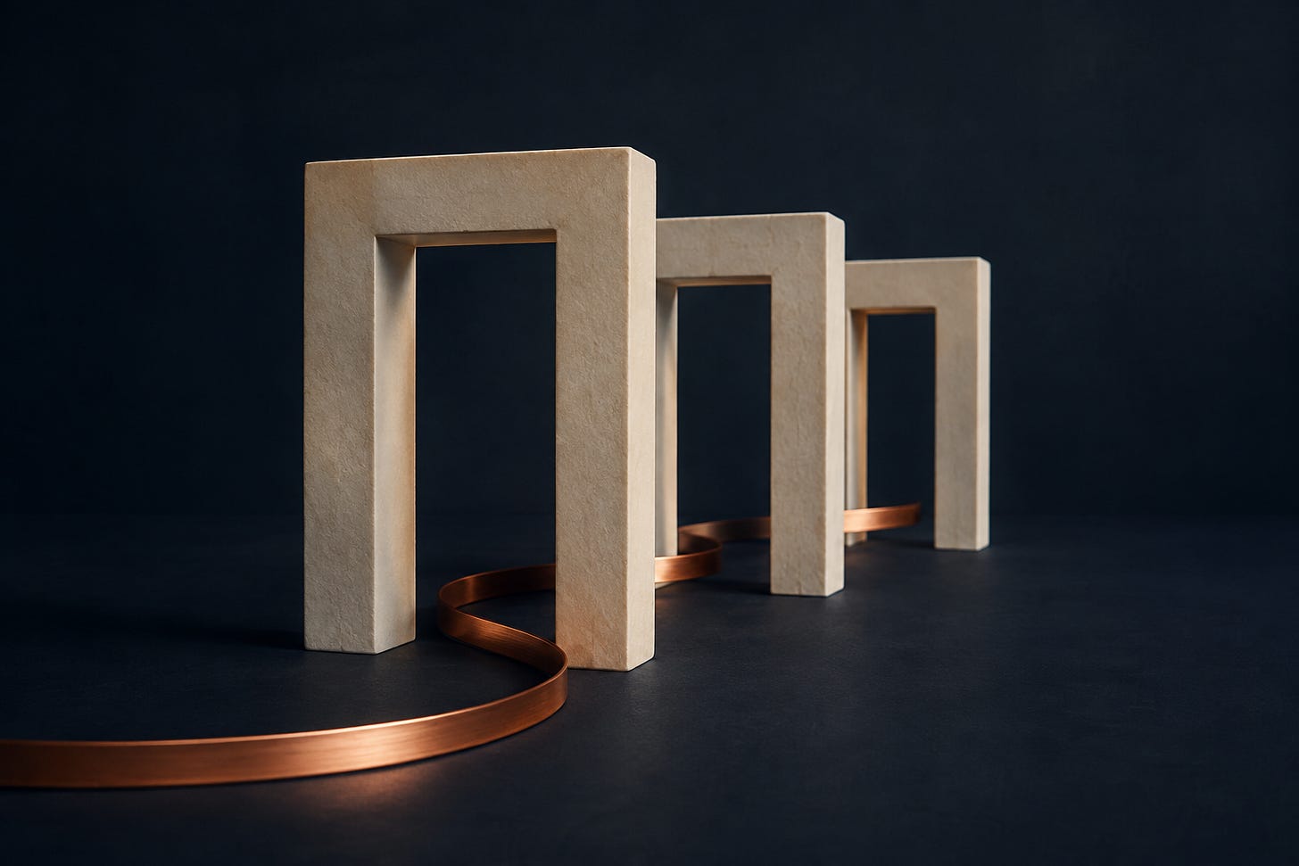 Editorial illustration of three ivory frames and a winding copper ribbon on a dark navy surface. Editorial illustration of three ivory frames and a winding copper ribbon on a dark navy surface.