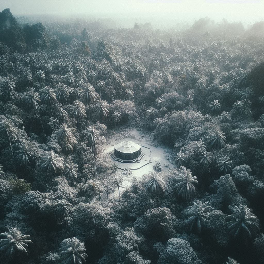 “The tropical jungle from LOST, covered in snow. Aerial shot.”