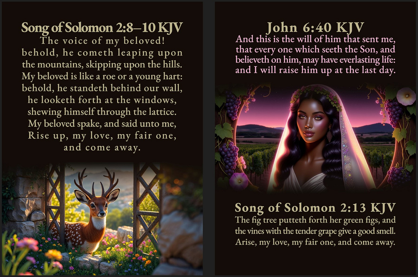 A two-panel card design featuring biblical verses. The left panel displays Song of Solomon 2:8–10 KJV above an image of a young stag looking through a garden gate. The right panel features the verses John 6:40 KJV and Song of Solomon 2:13 KJV, accompanied by an image of a beautiful bride in a veil, set against a vineyard at sunset.