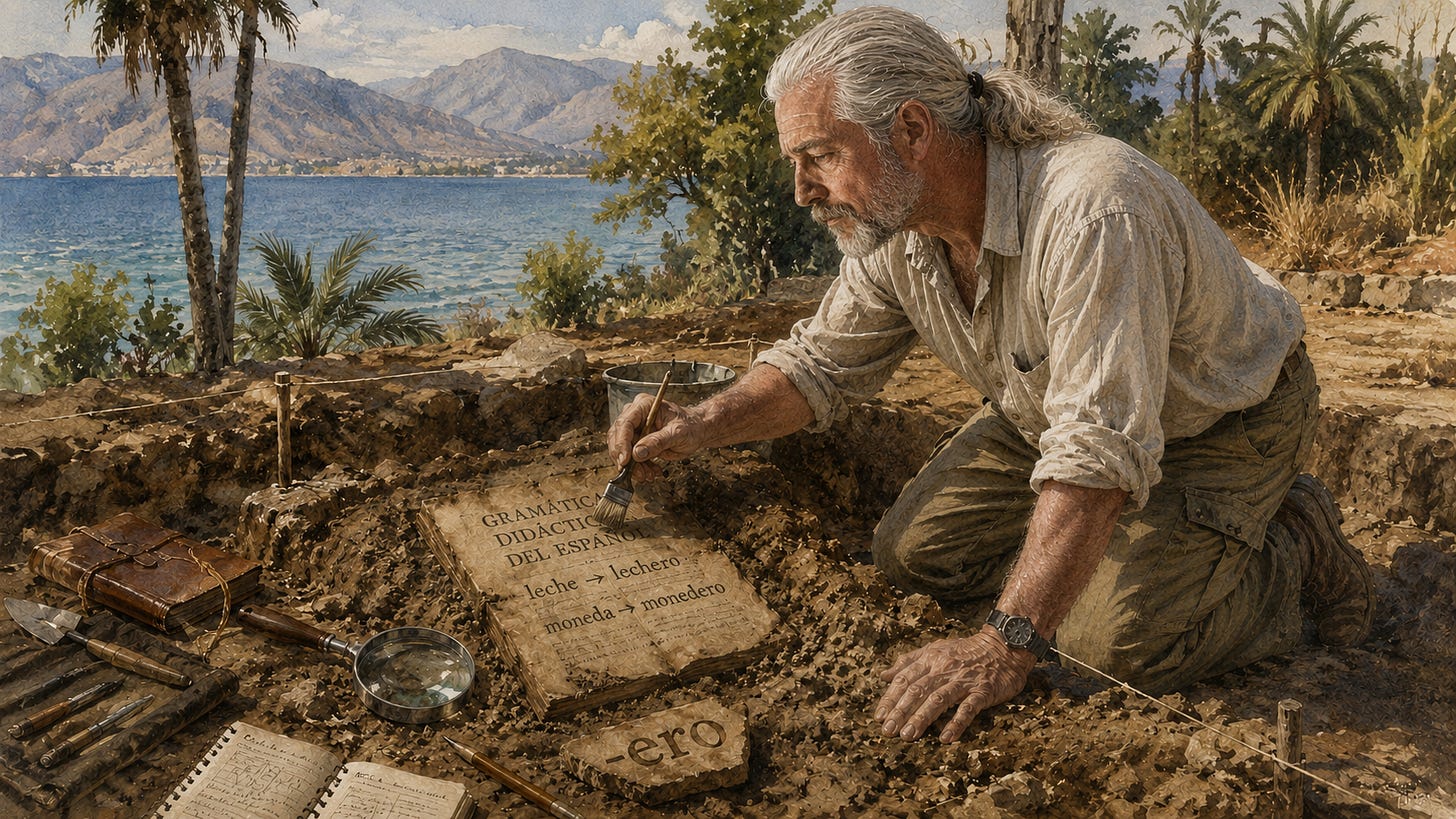Watercolor-and-oil image of Rick Horowitz, an older white-haired man with a ponytail kneeling at an archaeological dig beside Lake Chapala, carefully brushing dirt from a partially buried Spanish grammar book. The page shows “leche → lechero” and “moneda → monedero,” with an “-ero” fragment, magnifying glass, notebook, and excavation tools nearby.